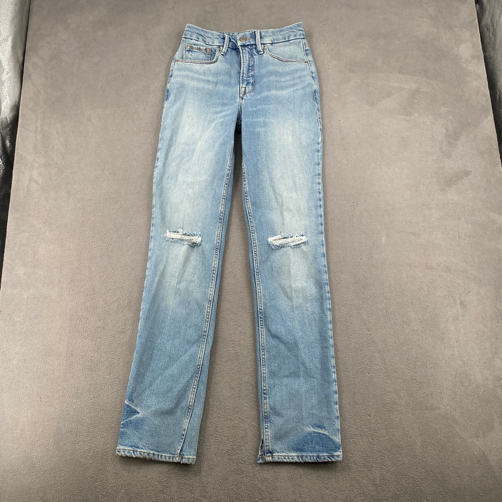 Good American Good Icon Straight High Rise Distressed Jeans Light Indigo 0/25